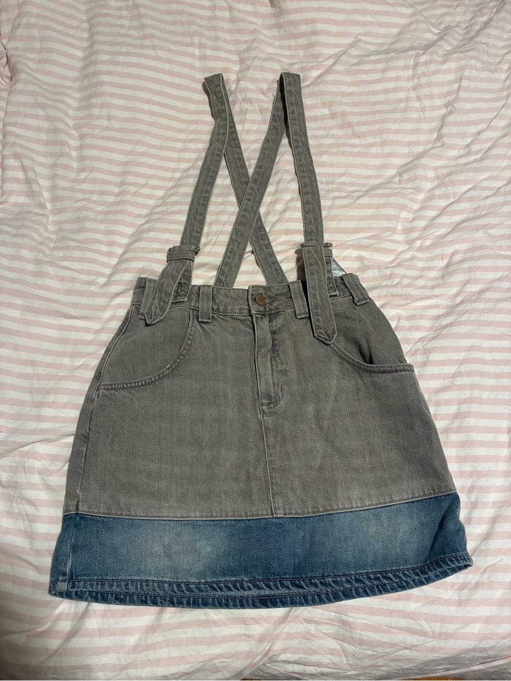 Guess Gray Denim Suspender Skirt with Blue Hem